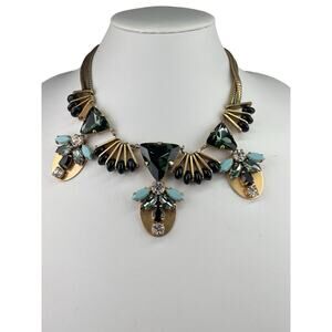 J. Crew Statement Necklace Antiqued Gold Tone Green Triangle Teal Black 17"+